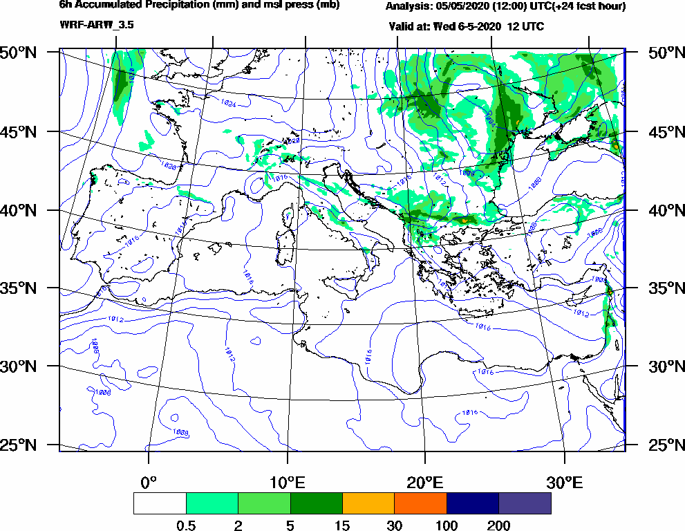 6h Accumulated Precipitation (mm) and msl press (mb) - 2020-05-06 06:00