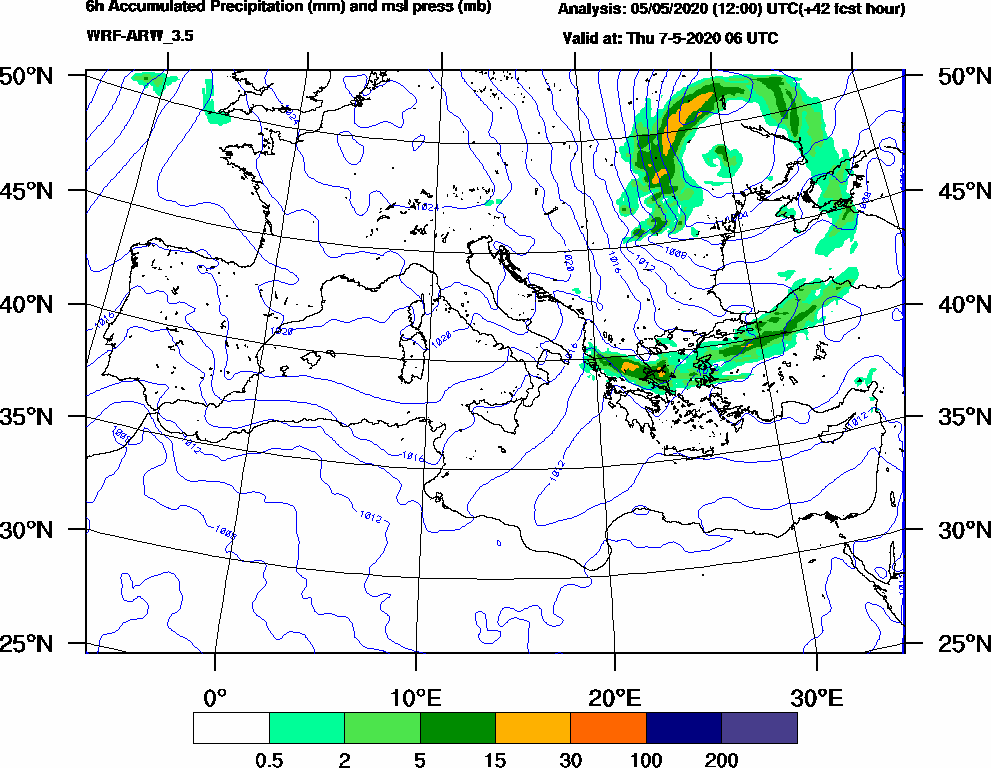6h Accumulated Precipitation (mm) and msl press (mb) - 2020-05-07 00:00