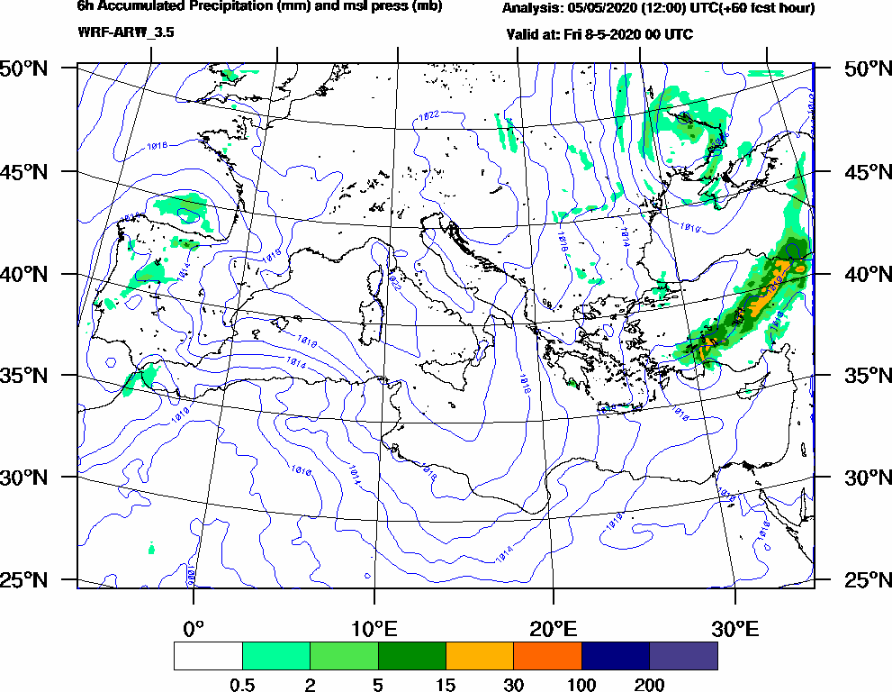 6h Accumulated Precipitation (mm) and msl press (mb) - 2020-05-07 18:00