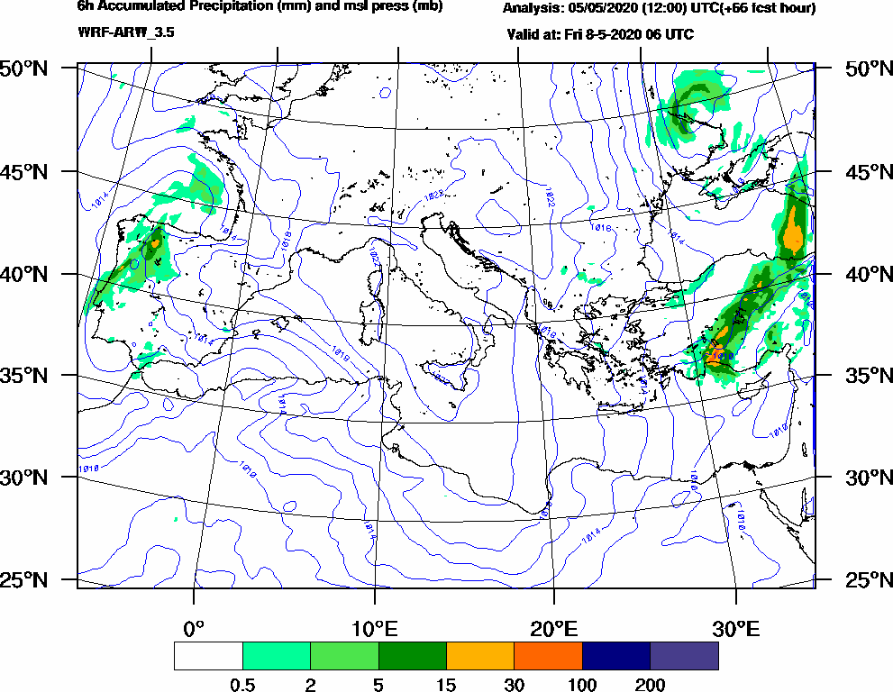 6h Accumulated Precipitation (mm) and msl press (mb) - 2020-05-08 00:00