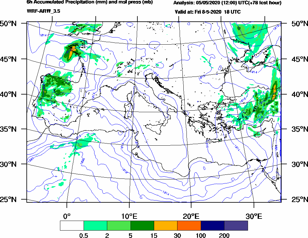 6h Accumulated Precipitation (mm) and msl press (mb) - 2020-05-08 12:00