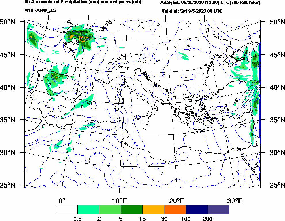 6h Accumulated Precipitation (mm) and msl press (mb) - 2020-05-09 00:00
