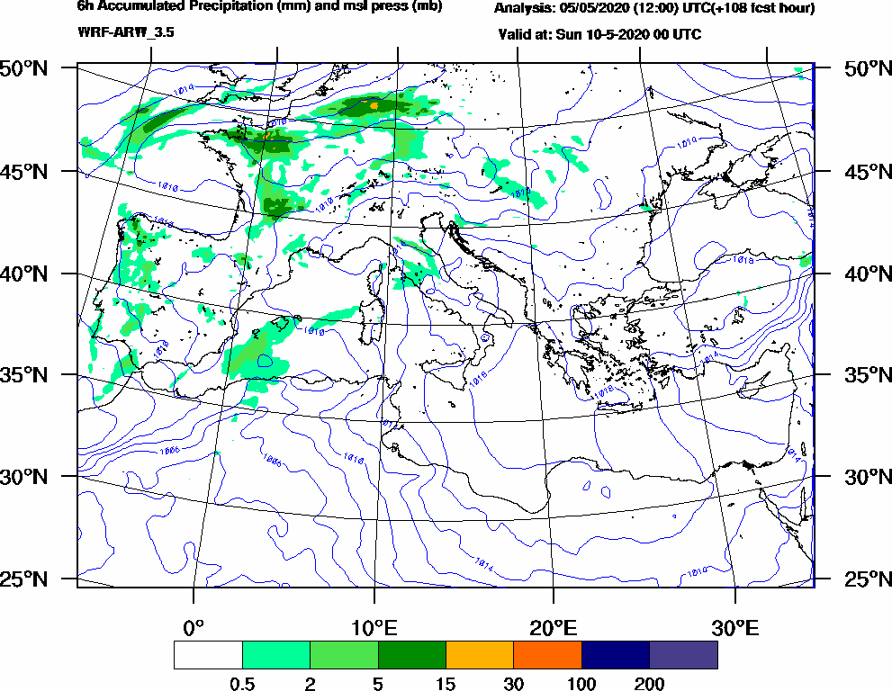 6h Accumulated Precipitation (mm) and msl press (mb) - 2020-05-09 18:00