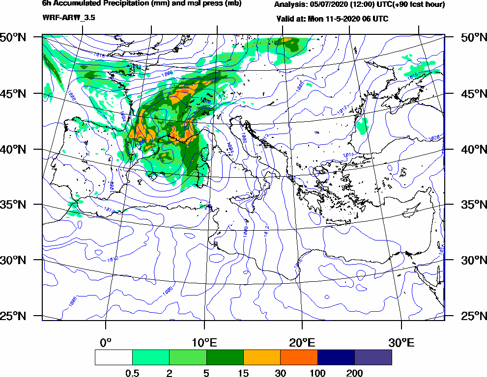 6h Accumulated Precipitation (mm) and msl press (mb) - 2020-05-11 00:00