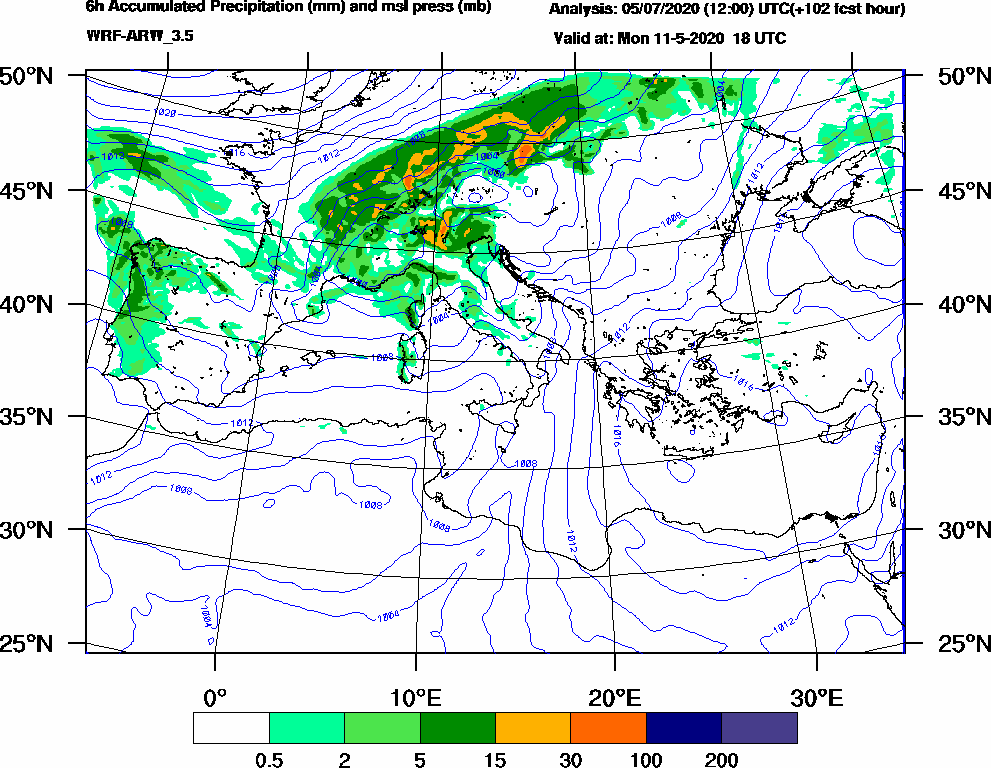 6h Accumulated Precipitation (mm) and msl press (mb) - 2020-05-11 12:00