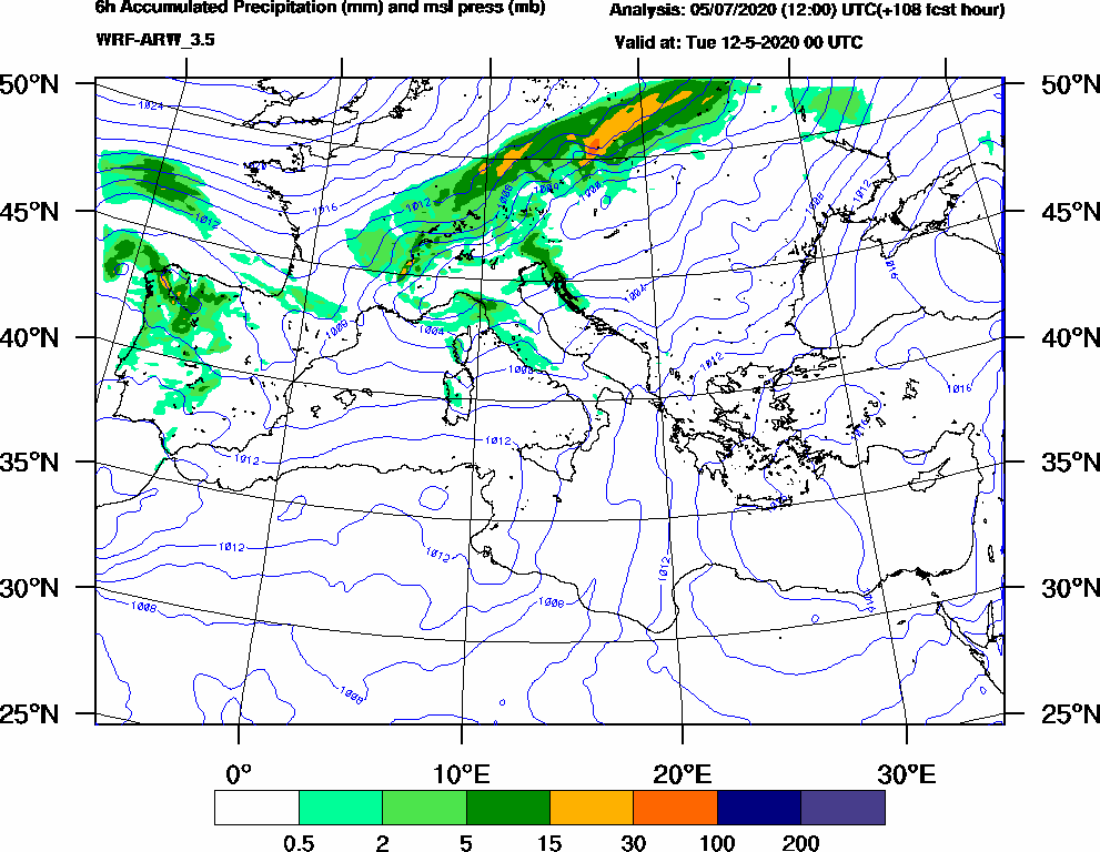 6h Accumulated Precipitation (mm) and msl press (mb) - 2020-05-11 18:00