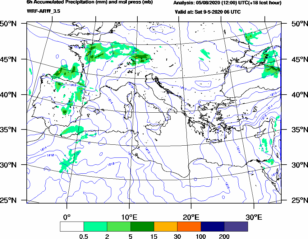 6h Accumulated Precipitation (mm) and msl press (mb) - 2020-05-09 00:00