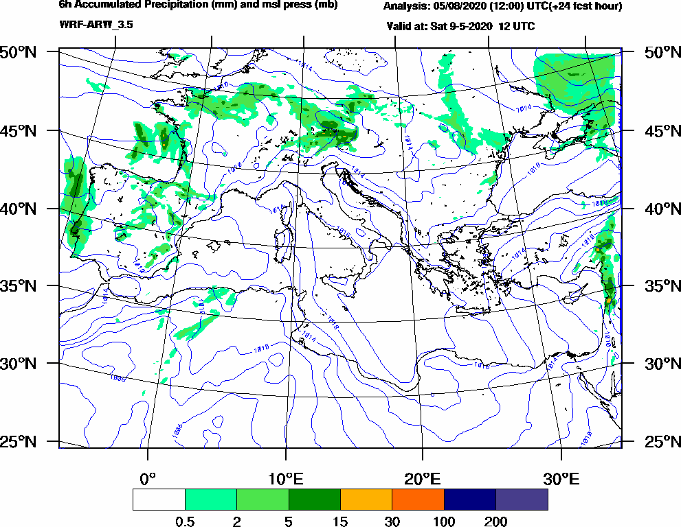 6h Accumulated Precipitation (mm) and msl press (mb) - 2020-05-09 06:00