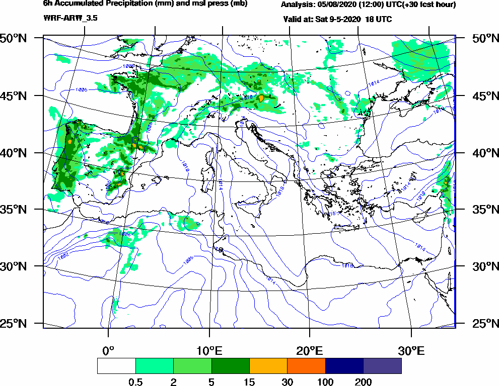 6h Accumulated Precipitation (mm) and msl press (mb) - 2020-05-09 12:00