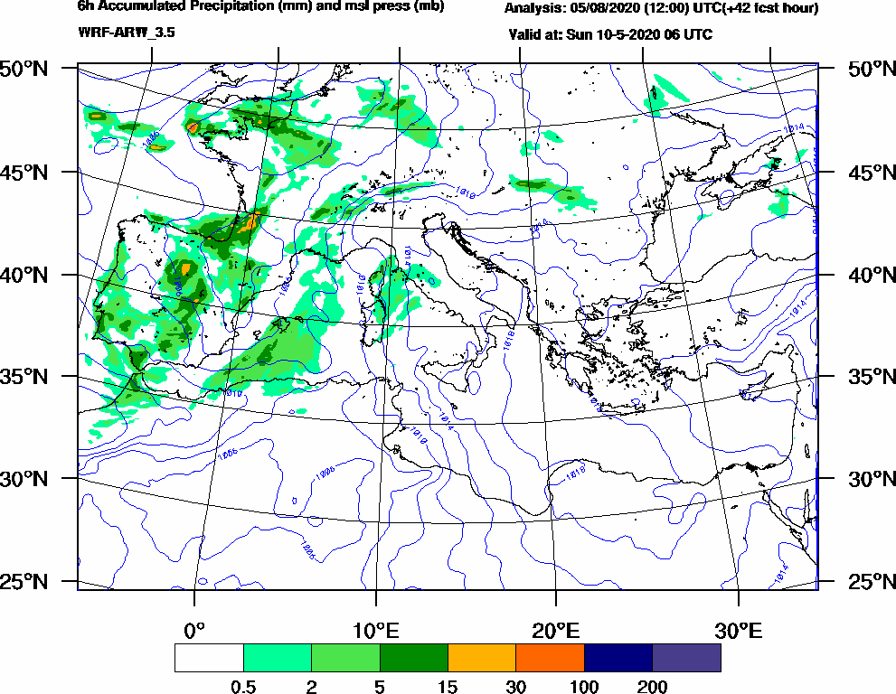 6h Accumulated Precipitation (mm) and msl press (mb) - 2020-05-10 00:00