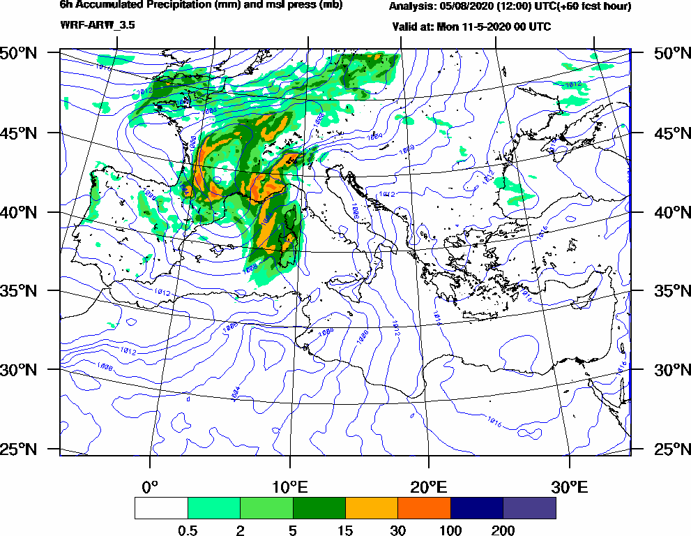 6h Accumulated Precipitation (mm) and msl press (mb) - 2020-05-10 18:00