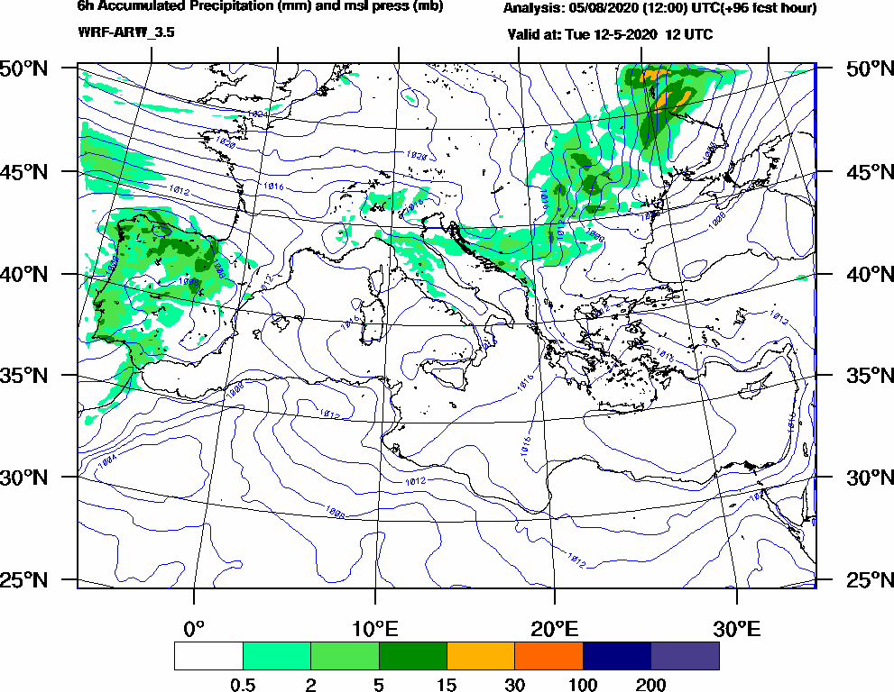 6h Accumulated Precipitation (mm) and msl press (mb) - 2020-05-12 06:00