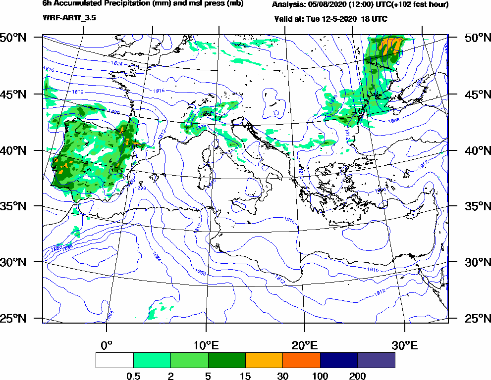 6h Accumulated Precipitation (mm) and msl press (mb) - 2020-05-12 12:00
