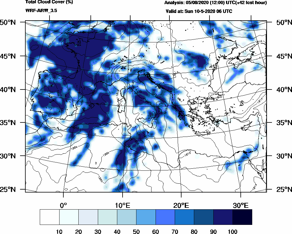 Total cloud cover (%) - 2020-05-10 00:00
