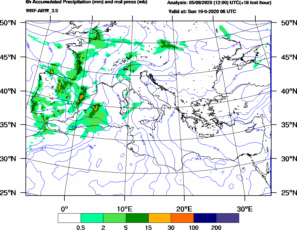 6h Accumulated Precipitation (mm) and msl press (mb) - 2020-05-10 00:00