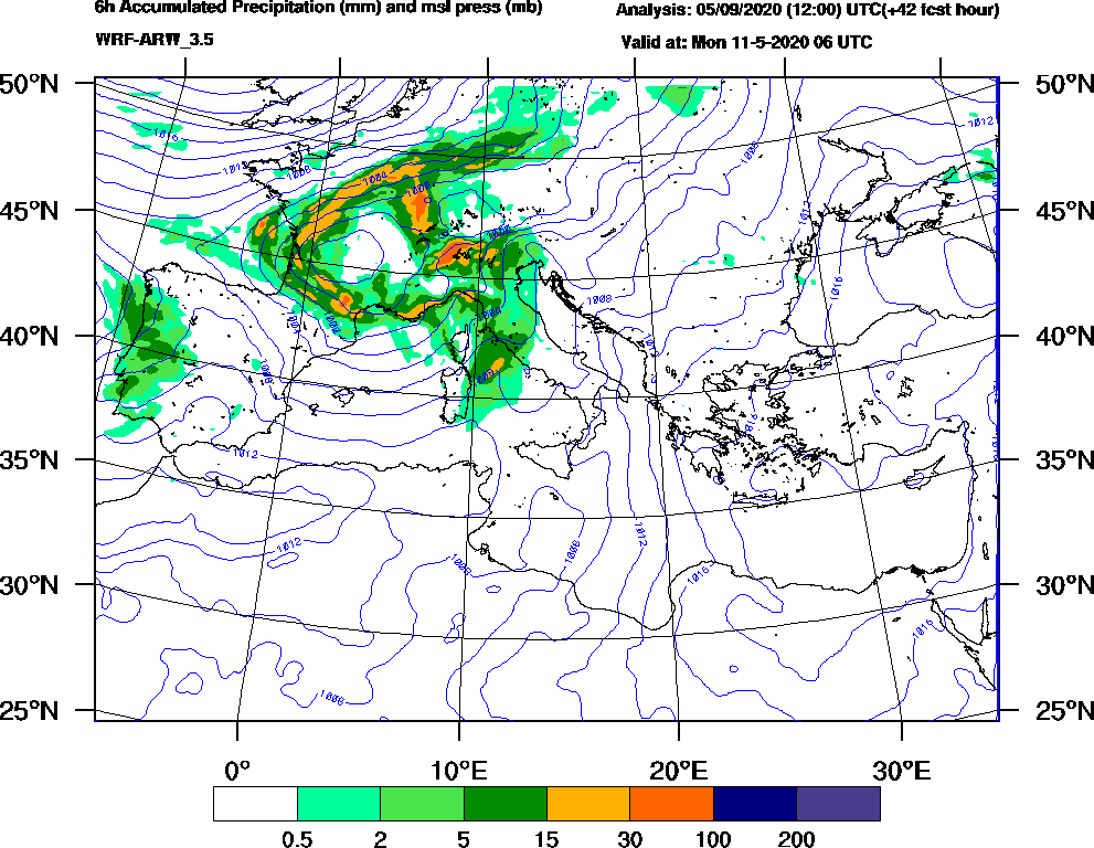 6h Accumulated Precipitation (mm) and msl press (mb) - 2020-05-11 00:00