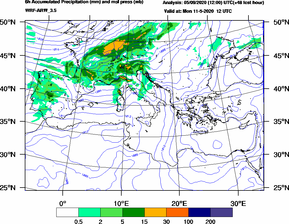 6h Accumulated Precipitation (mm) and msl press (mb) - 2020-05-11 06:00
