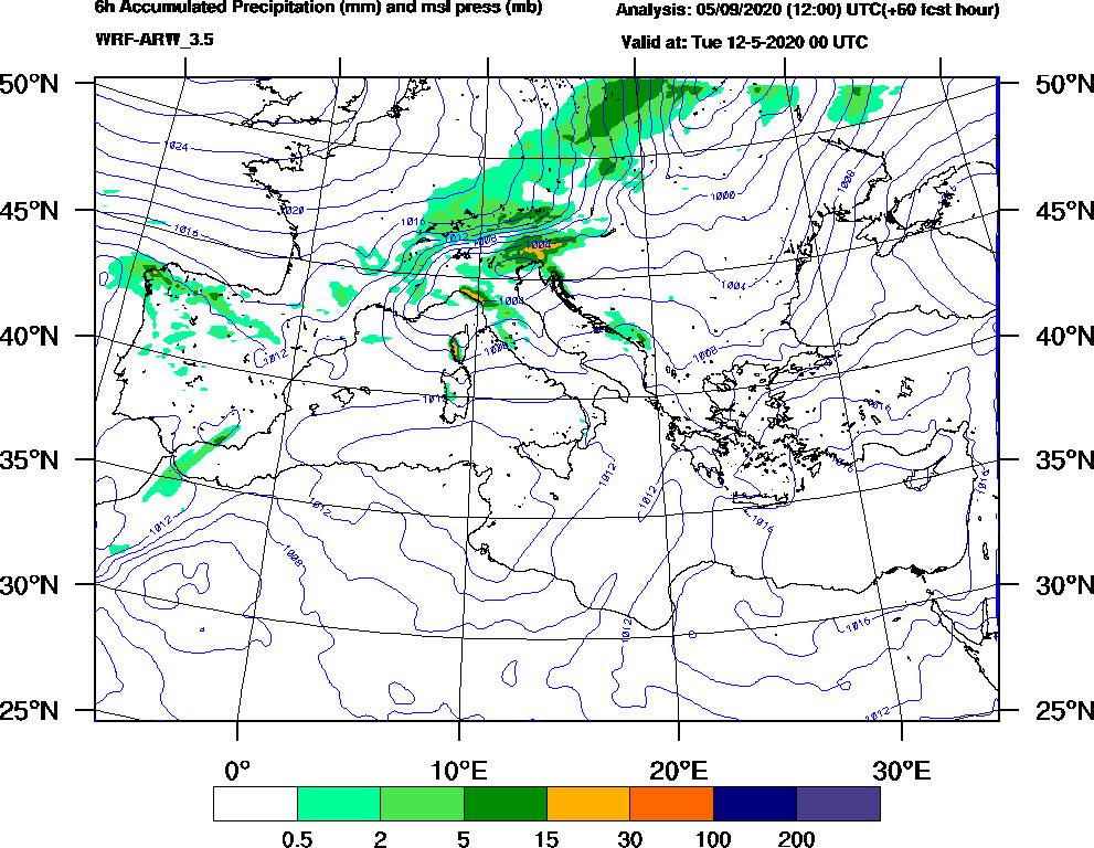 6h Accumulated Precipitation (mm) and msl press (mb) - 2020-05-11 18:00