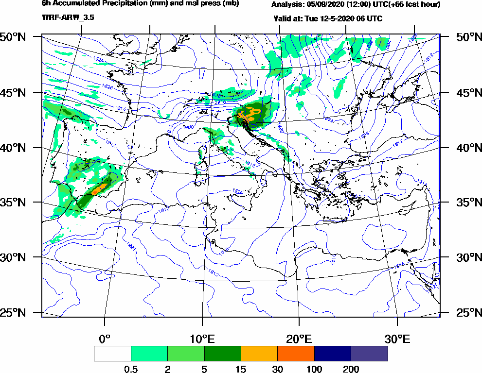 6h Accumulated Precipitation (mm) and msl press (mb) - 2020-05-12 00:00