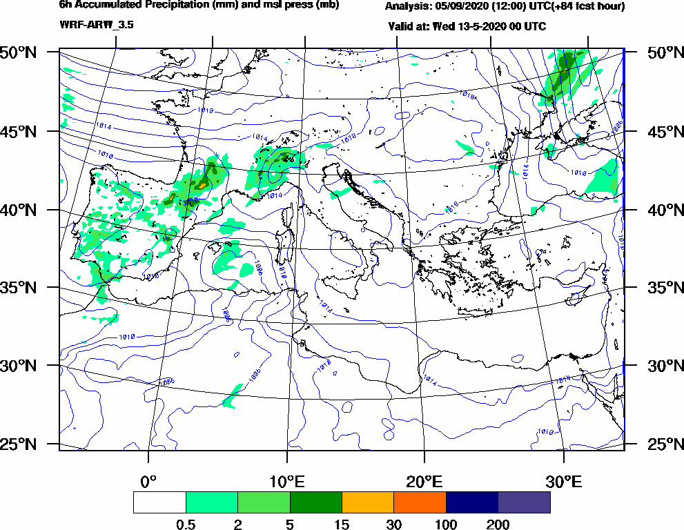6h Accumulated Precipitation (mm) and msl press (mb) - 2020-05-12 18:00