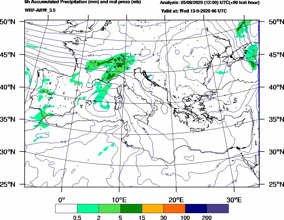 6h Accumulated Precipitation (mm) and msl press (mb) - 2020-05-13 00:00
