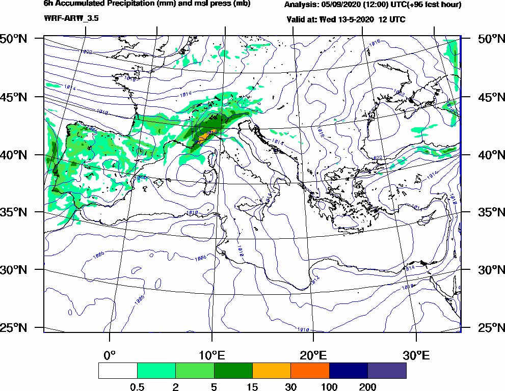 6h Accumulated Precipitation (mm) and msl press (mb) - 2020-05-13 06:00