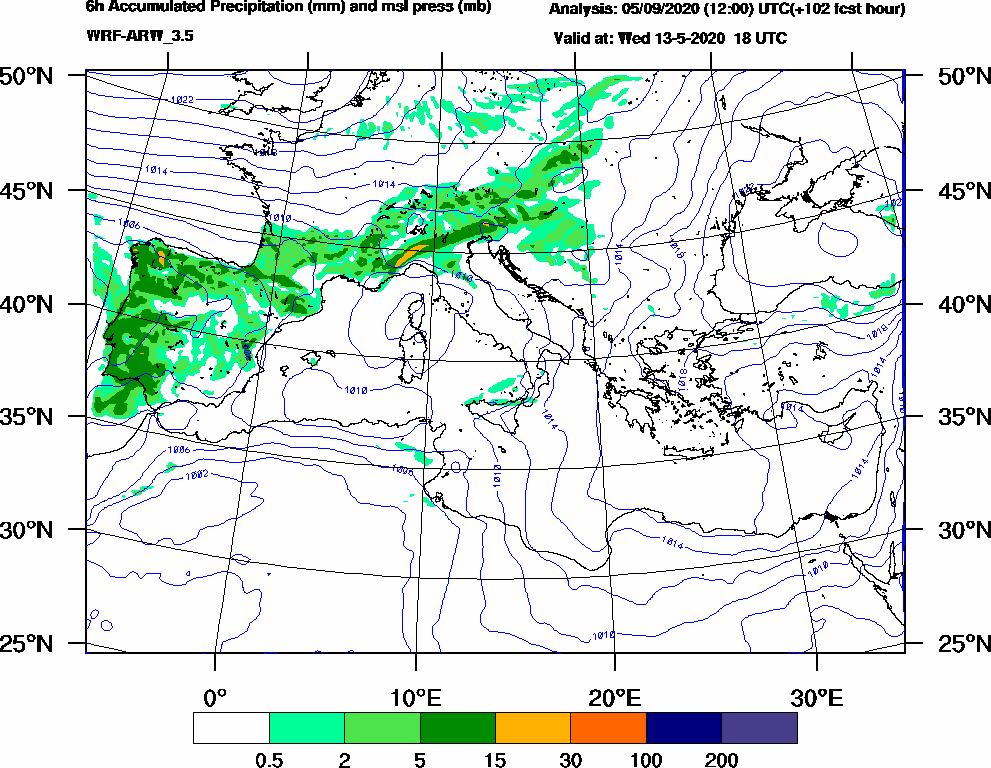 6h Accumulated Precipitation (mm) and msl press (mb) - 2020-05-13 12:00