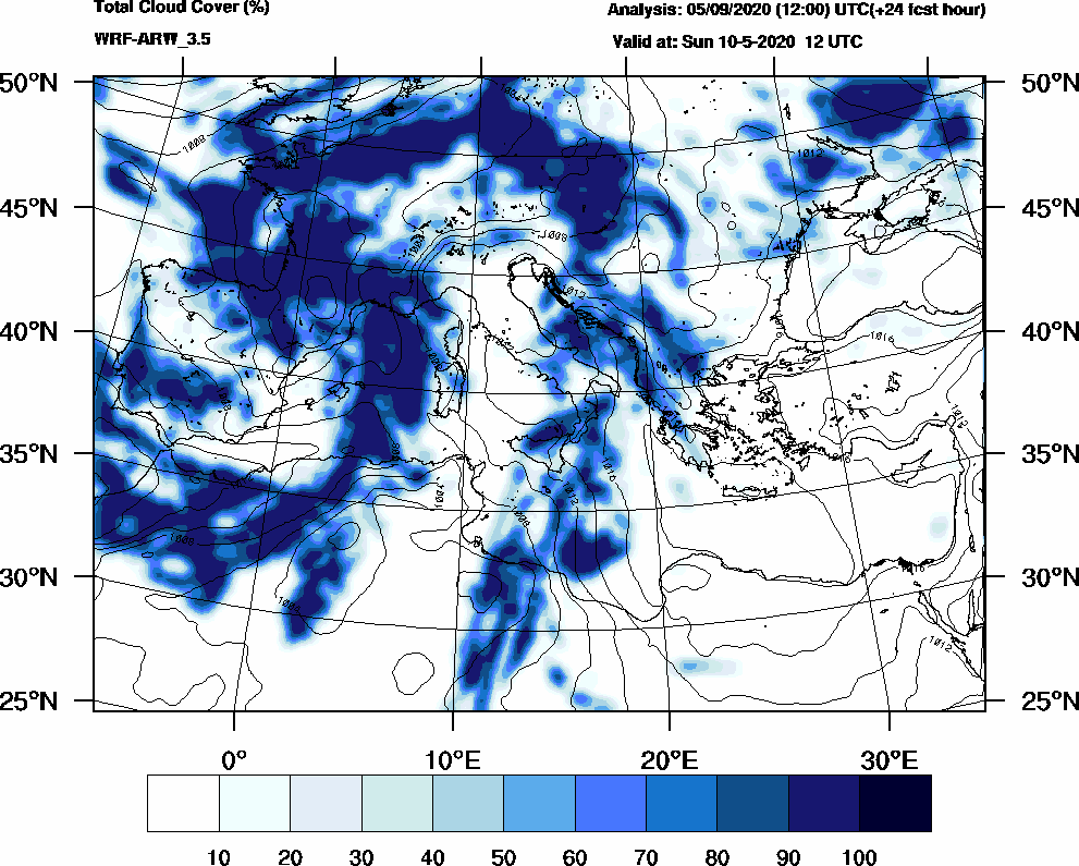 Total cloud cover (%) - 2020-05-10 06:00