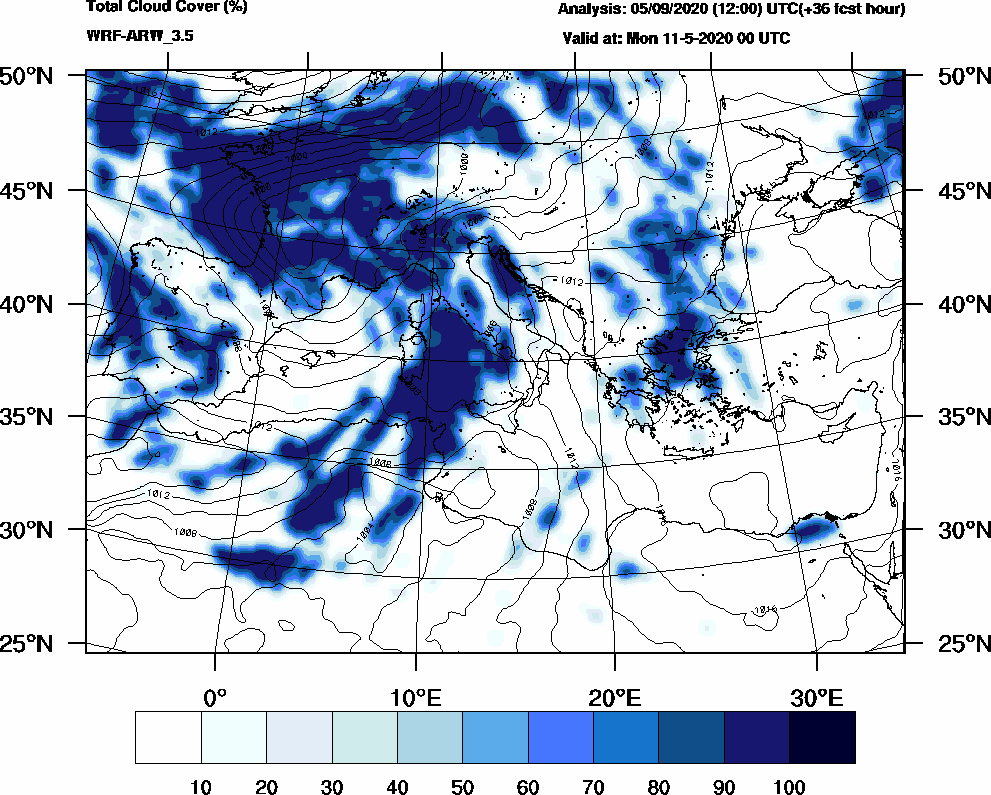 Total cloud cover (%) - 2020-05-10 18:00