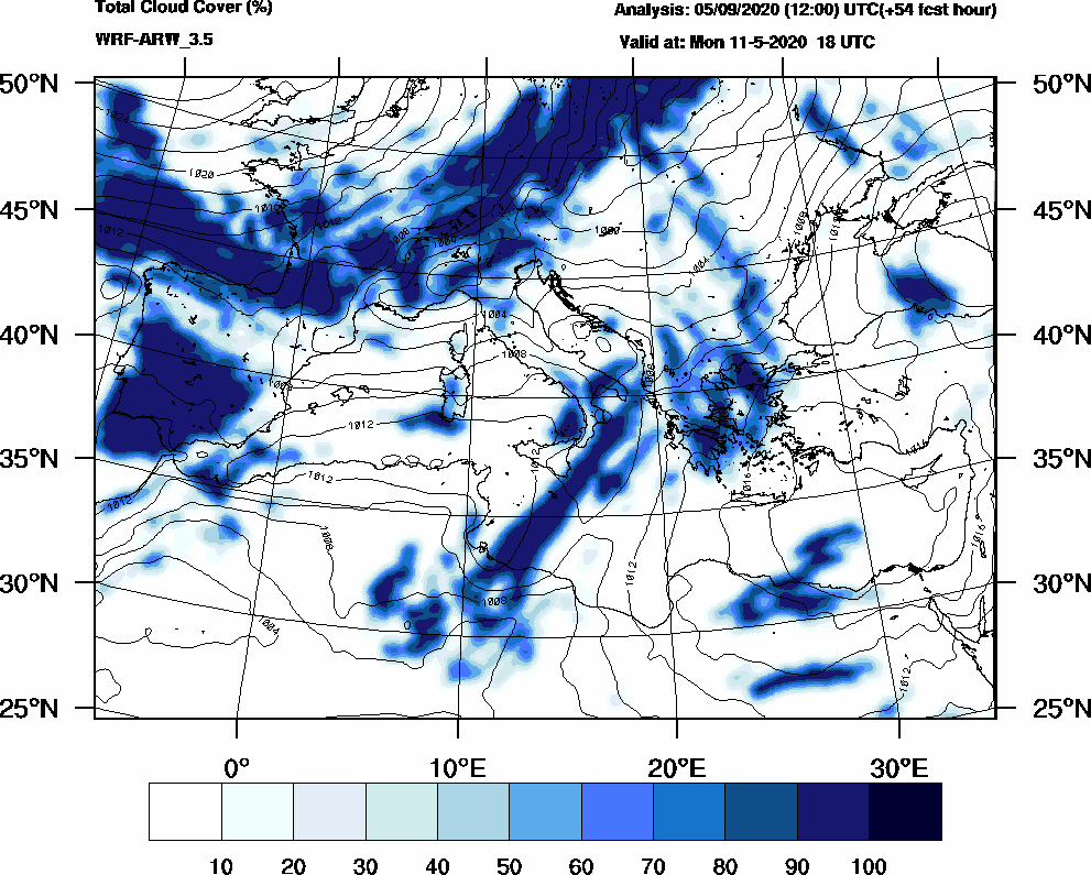 Total cloud cover (%) - 2020-05-11 12:00