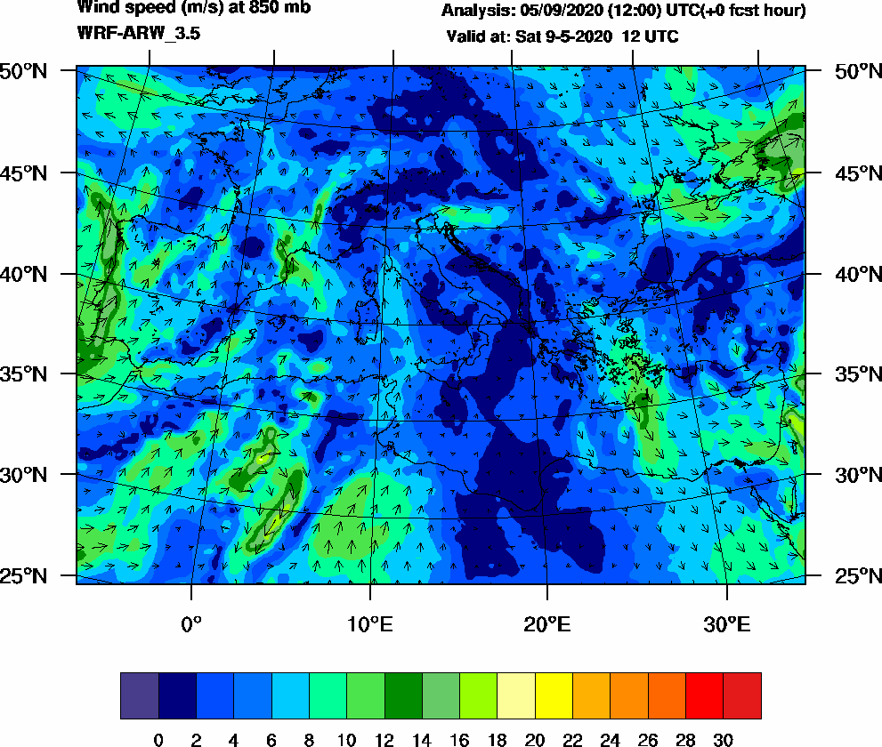 Wind speed (m/s) at 850 mb - 2020-05-09 12:00