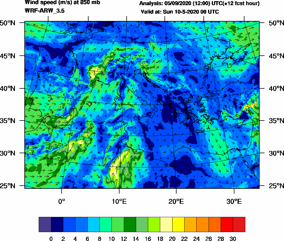 Wind speed (m/s) at 850 mb - 2020-05-10 00:00