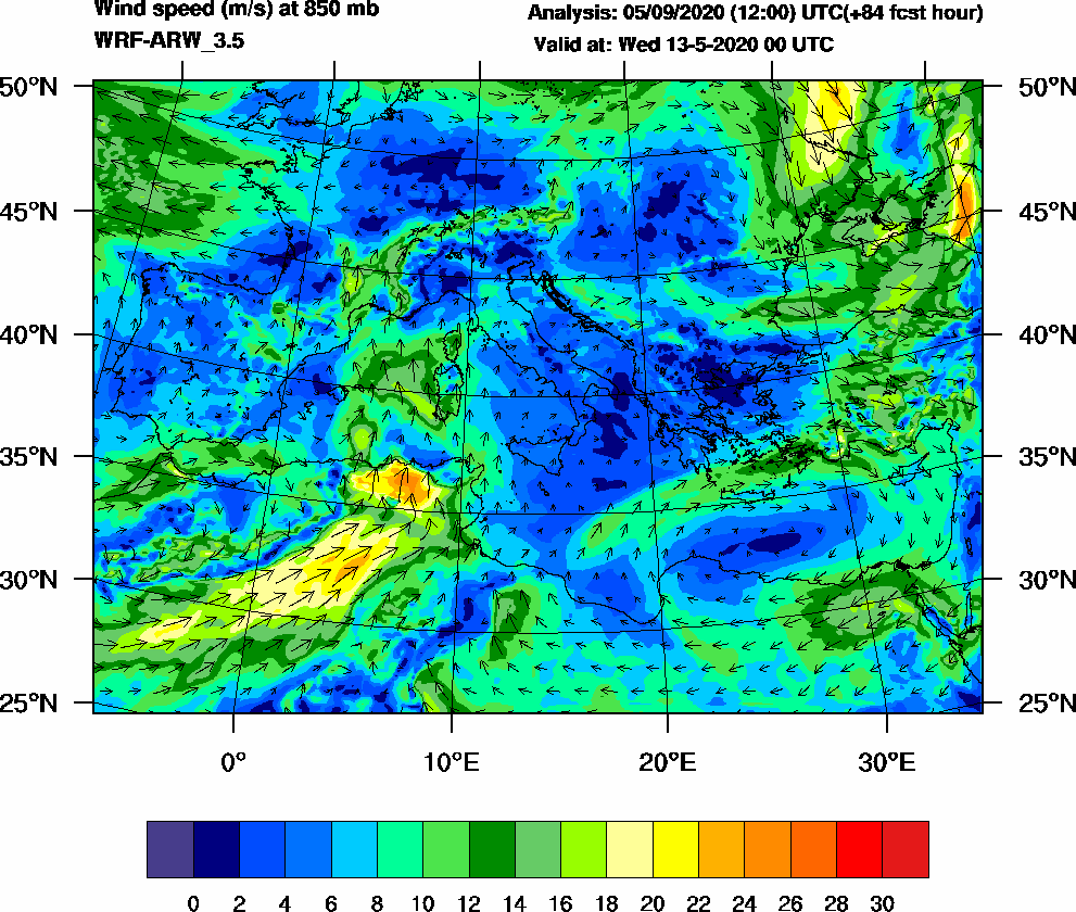 Wind speed (m/s) at 850 mb - 2020-05-13 00:00