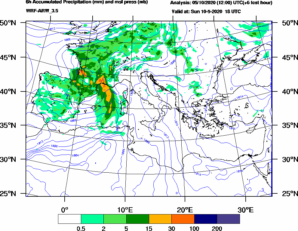 6h Accumulated Precipitation (mm) and msl press (mb) - 2020-05-10 12:00