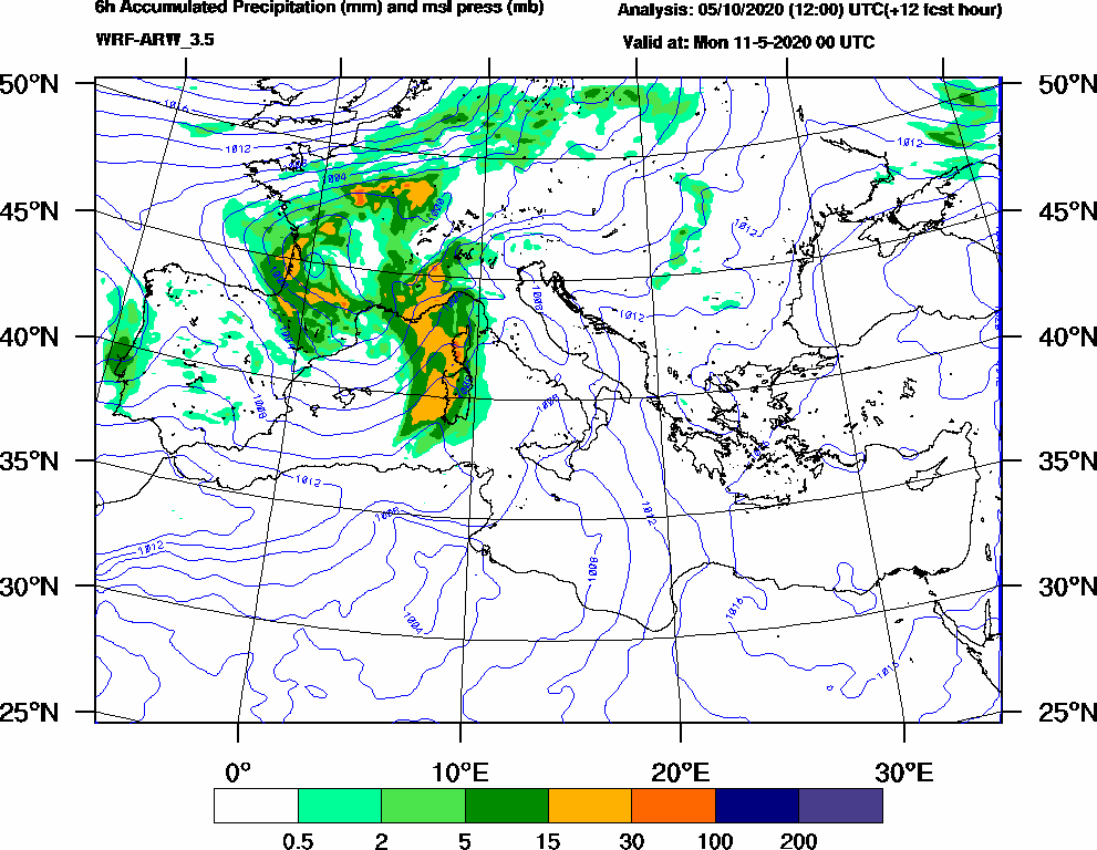 6h Accumulated Precipitation (mm) and msl press (mb) - 2020-05-10 18:00