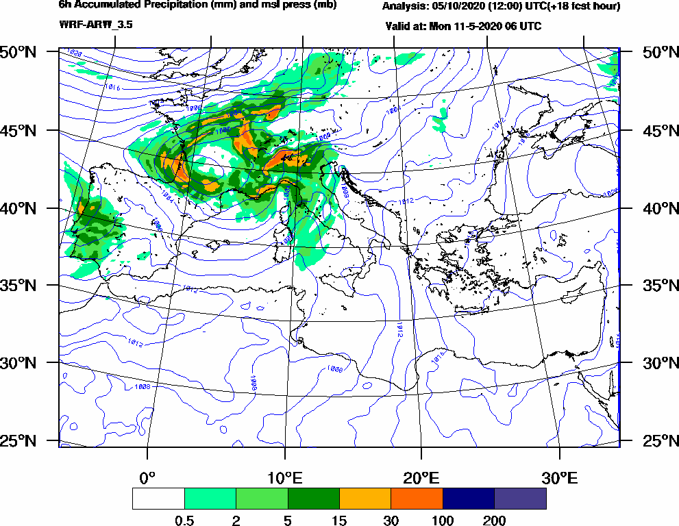 6h Accumulated Precipitation (mm) and msl press (mb) - 2020-05-11 00:00