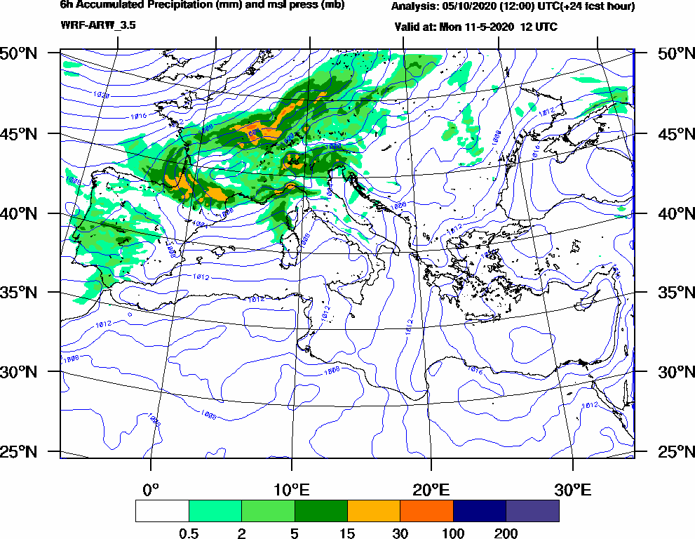 6h Accumulated Precipitation (mm) and msl press (mb) - 2020-05-11 06:00