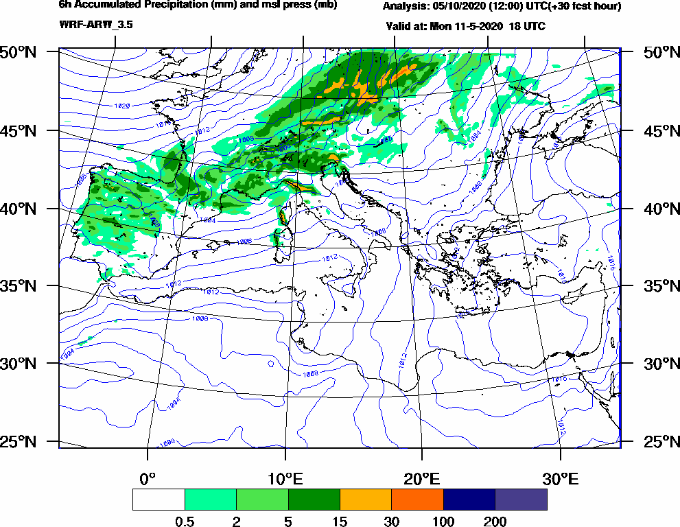 6h Accumulated Precipitation (mm) and msl press (mb) - 2020-05-11 12:00