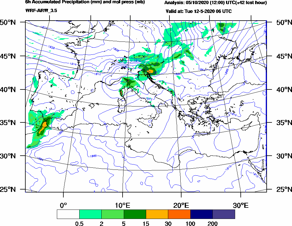 6h Accumulated Precipitation (mm) and msl press (mb) - 2020-05-12 00:00