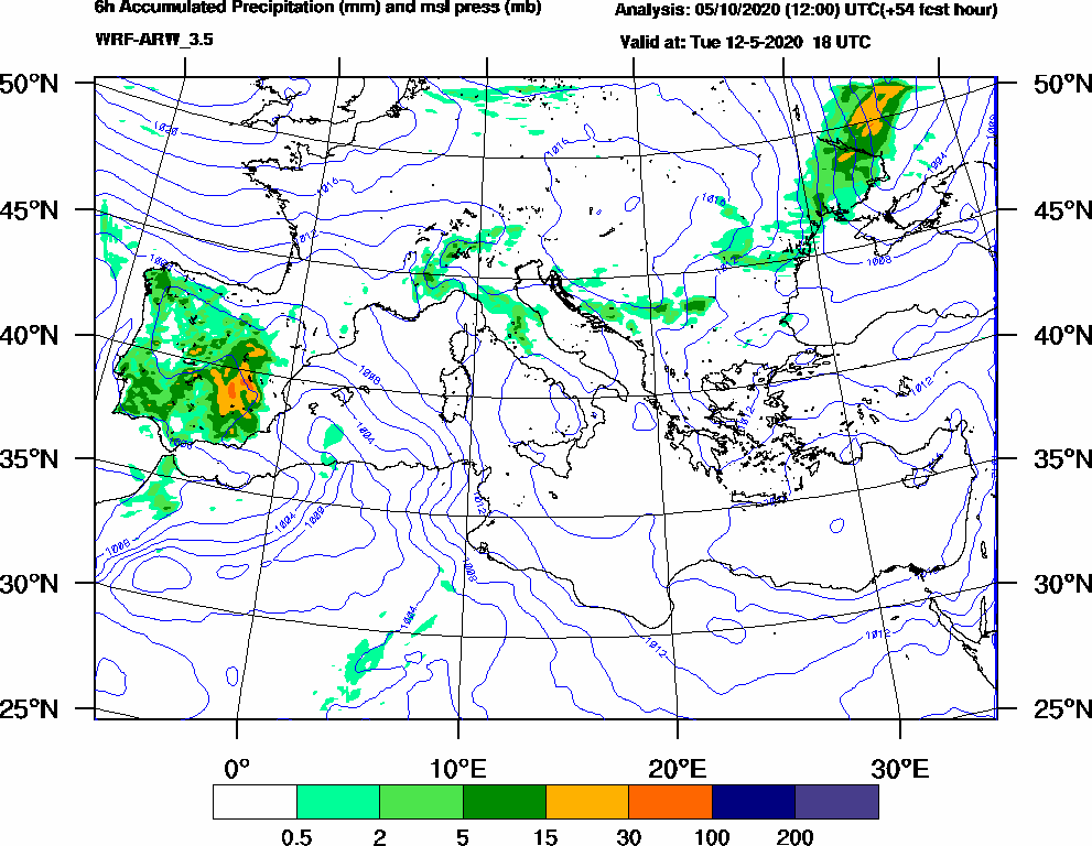 6h Accumulated Precipitation (mm) and msl press (mb) - 2020-05-12 12:00