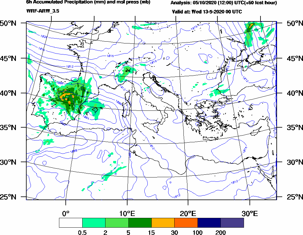 6h Accumulated Precipitation (mm) and msl press (mb) - 2020-05-12 18:00