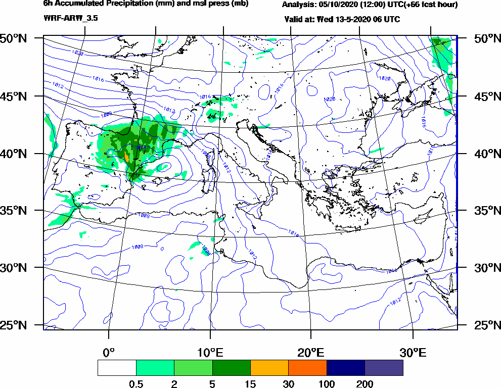 6h Accumulated Precipitation (mm) and msl press (mb) - 2020-05-13 00:00