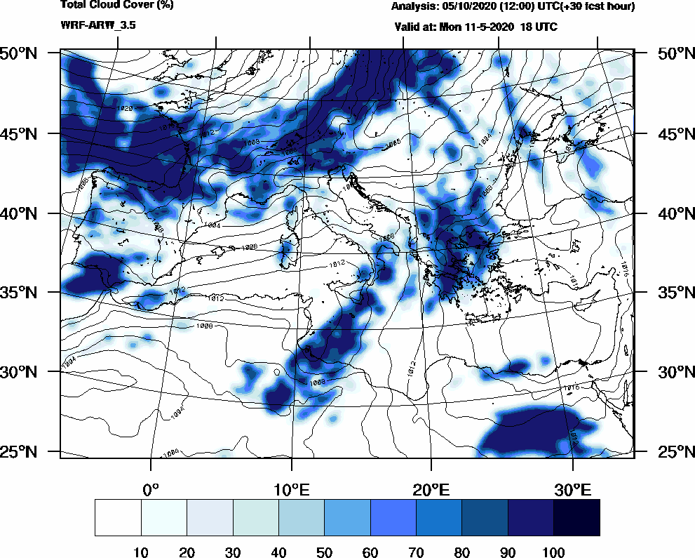 Total cloud cover (%) - 2020-05-11 12:00