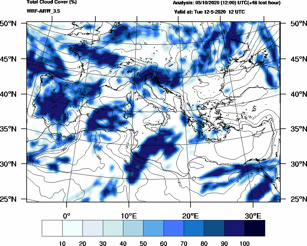 Total cloud cover (%) - 2020-05-12 06:00