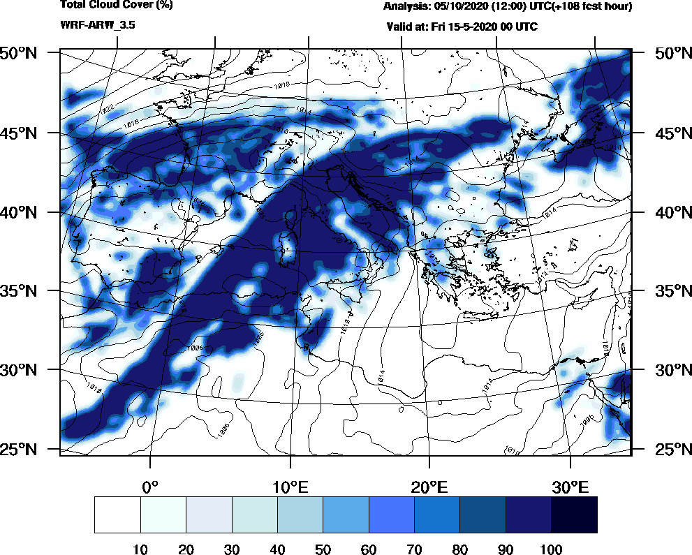 Total cloud cover (%) - 2020-05-14 18:00