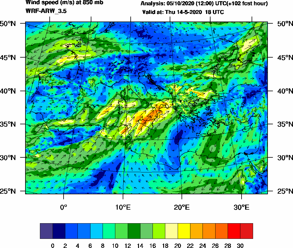 Wind speed (m/s) at 850 mb - 2020-05-14 18:00