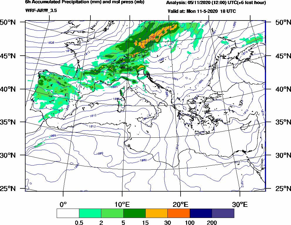 6h Accumulated Precipitation (mm) and msl press (mb) - 2020-05-11 12:00