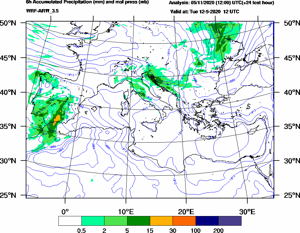 6h Accumulated Precipitation (mm) and msl press (mb) - 2020-05-12 06:00
