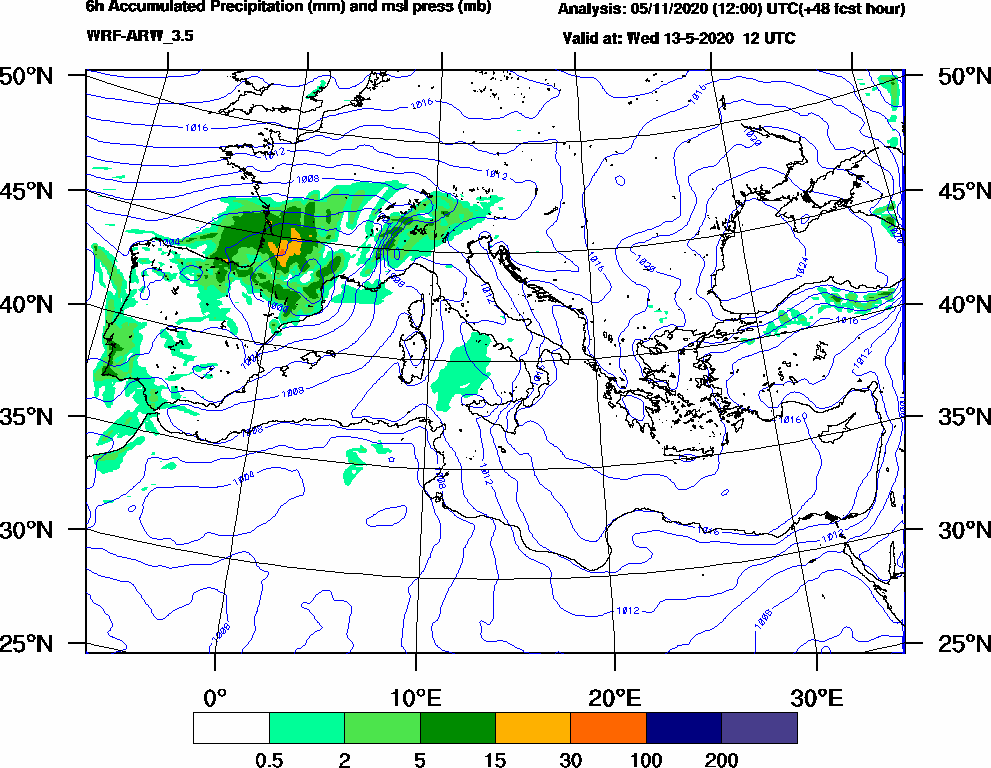 6h Accumulated Precipitation (mm) and msl press (mb) - 2020-05-13 06:00