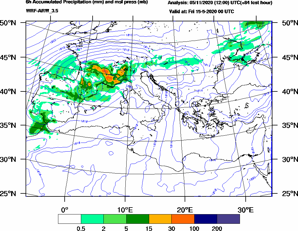 6h Accumulated Precipitation (mm) and msl press (mb) - 2020-05-14 18:00